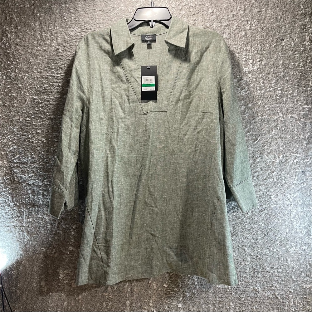 Jones New York Signature Women's Tunic L 3/4 Sleeve Linen V Neck Lagenlook NWT